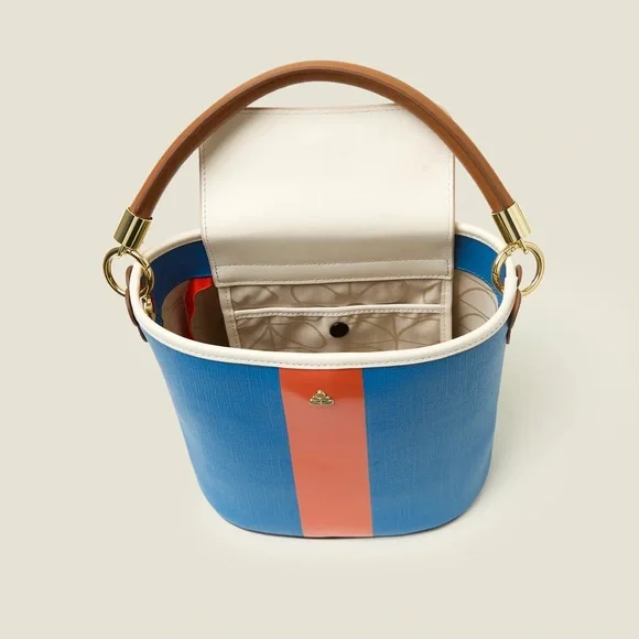Orla Kiely NWT Blue and Orange Bucket Bag with Brown Handle - Picture 1 of 8